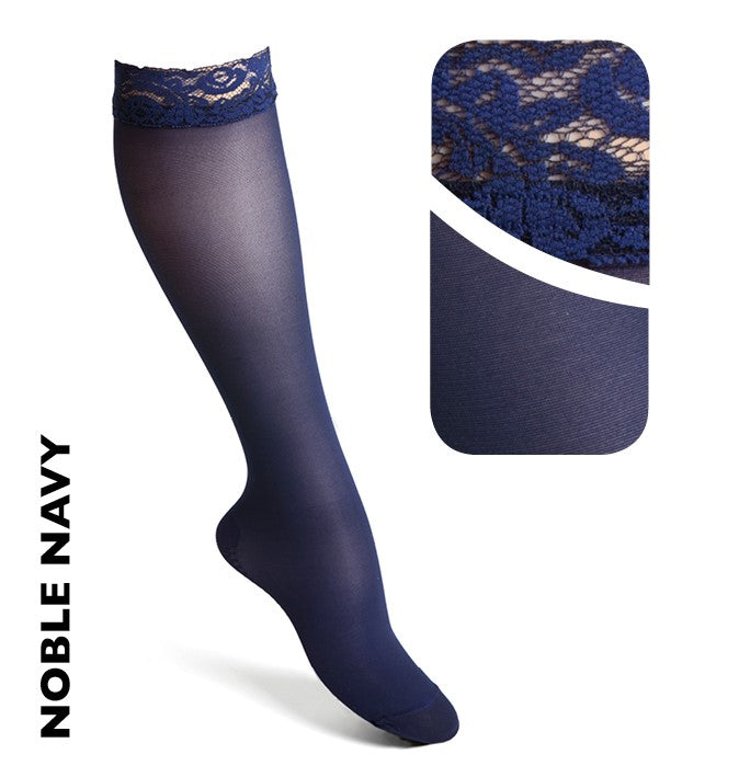 Støttestrømpe Navy - Dame med blondekant
